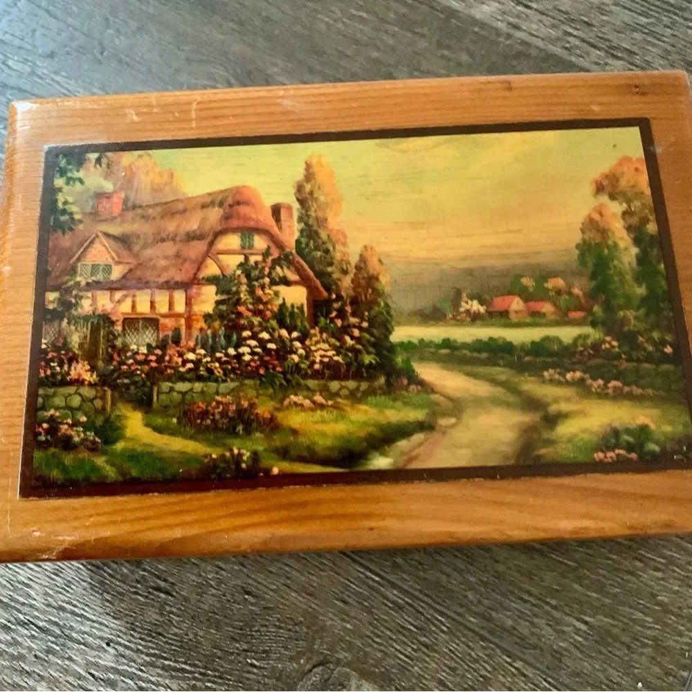 Vintage cedar wood box with picture of English cottage